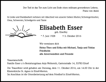 Anzeige von Elisabeth Esser von Kölner Stadt-Anzeiger / Kölnische Rundschau / Express