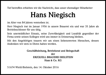 Anzeige von Hans Niegisch von Kölner Stadt-Anzeiger / Kölnische Rundschau / Express