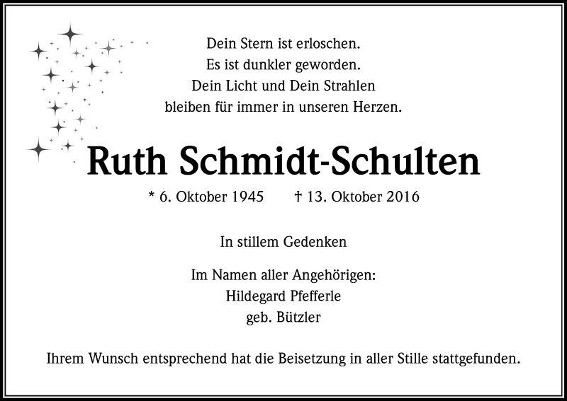  Traueranzeige für Ruth Schmidt-Schulten vom 26.10.2016 aus Kölner Stadt-Anzeiger / Kölnische Rundschau / Express