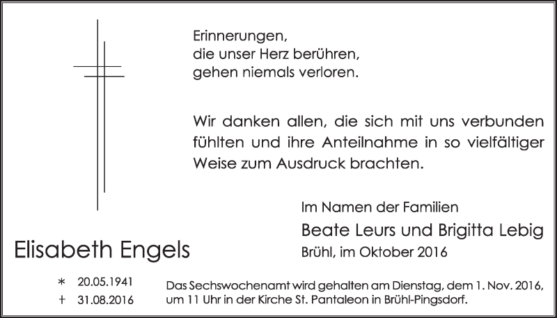  Traueranzeige für Elisabeth Engels vom 26.10.2016 aus  Schlossbote/Werbekurier 
