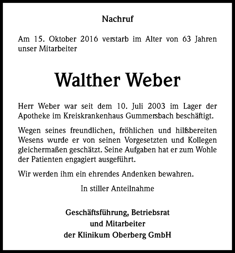  Traueranzeige für Walther Weber vom 29.10.2016 aus Kölner Stadt-Anzeiger / Kölnische Rundschau / Express