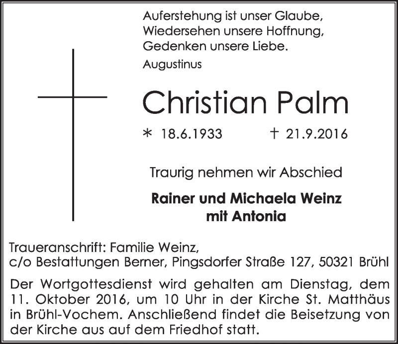  Traueranzeige für Christian Palm vom 05.10.2016 aus  Schlossbote/Werbekurier 