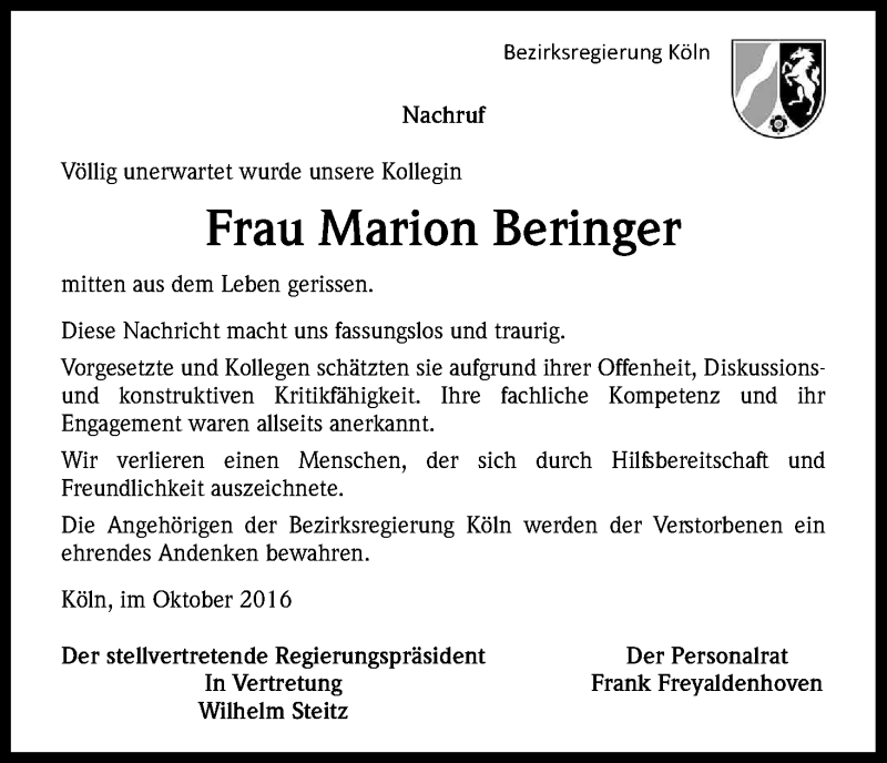  Traueranzeige für Marion Beringer vom 15.10.2016 aus Kölner Stadt-Anzeiger / Kölnische Rundschau / Express