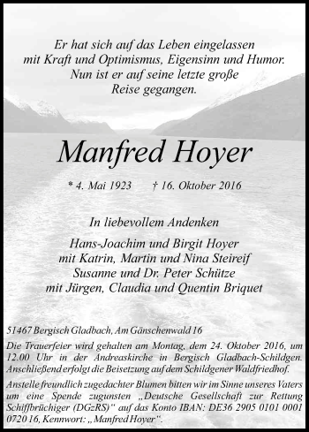Anzeige von Manfred Hoyer von Kölner Stadt-Anzeiger / Kölnische Rundschau / Express