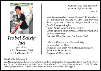 Anzeige von Isabel Salzig von Kölner Stadt-Anzeiger / Kölnische Rundschau / Express
