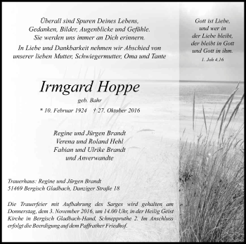 Anzeige von Irmgard Hoppe von Kölner Stadt-Anzeiger / Kölnische Rundschau / Express