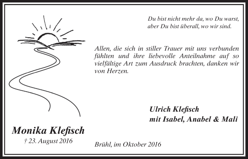  Traueranzeige für Monika Klefisch vom 26.10.2016 aus  Schlossbote/Werbekurier 