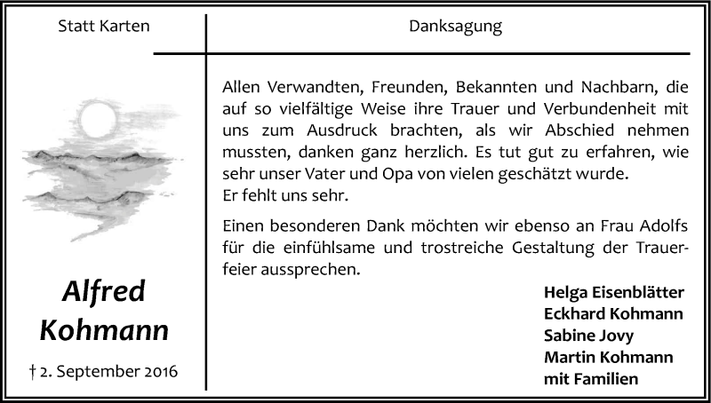  Traueranzeige für Alfred Kohmann vom 19.10.2016 aus Kölner Stadt-Anzeiger / Kölnische Rundschau / Express