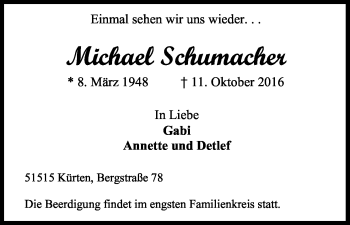 Anzeige von Michael Schumacher von Kölner Stadt-Anzeiger / Kölnische Rundschau / Express