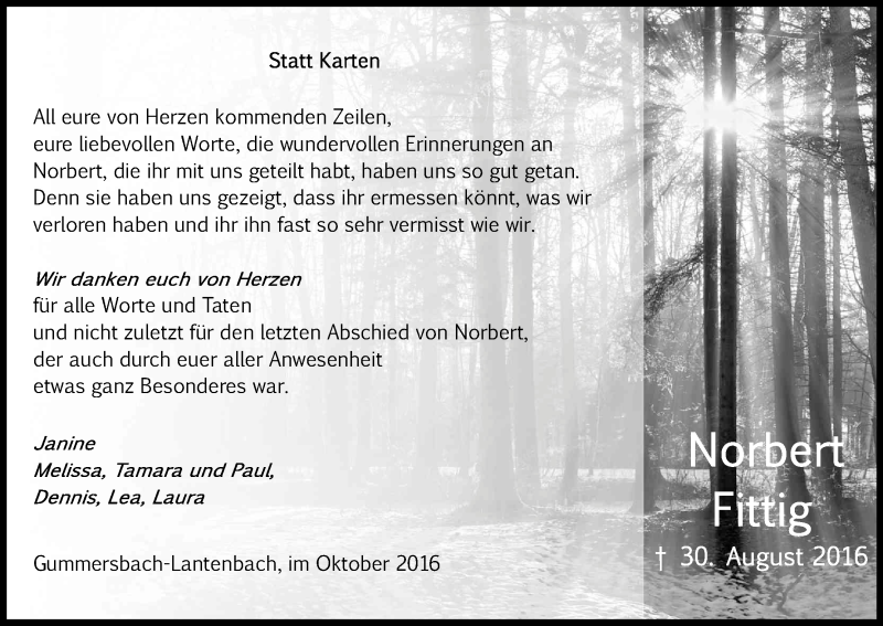  Traueranzeige für Norbert Fittig vom 15.10.2016 aus Kölner Stadt-Anzeiger / Kölnische Rundschau / Express