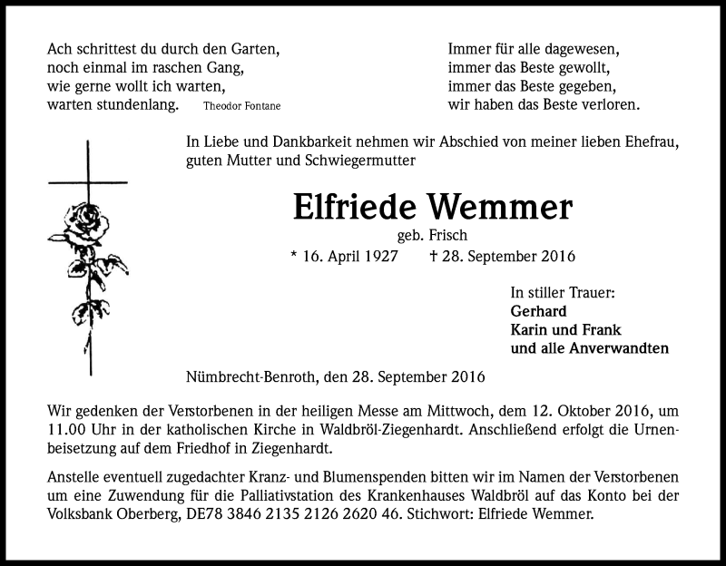  Traueranzeige für Elfriede Wemmer vom 05.10.2016 aus Kölner Stadt-Anzeiger / Kölnische Rundschau / Express