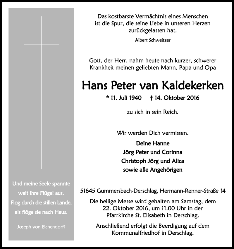  Traueranzeige für Hans Peter van Kaldekerken vom 19.10.2016 aus Kölner Stadt-Anzeiger / Kölnische Rundschau / Express