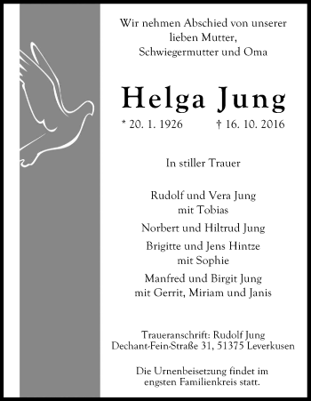 Anzeige von Helga Jung von Kölner Stadt-Anzeiger / Kölnische Rundschau / Express