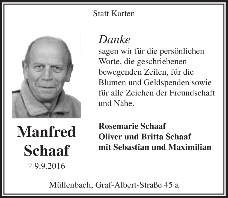  Traueranzeige für Manfred Schaaf vom 26.10.2016 aus  Anzeigen Echo 
