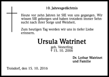 Anzeige von Ursula Watrinet von Kölner Stadt-Anzeiger / Kölnische Rundschau / Express