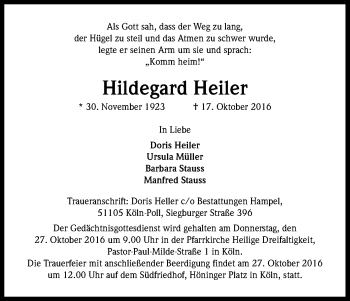 Anzeige von Hildegard Heiler von Kölner Stadt-Anzeiger / Kölnische Rundschau / Express