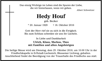 Anzeige von Hedy Houf von Kölner Stadt-Anzeiger / Kölnische Rundschau / Express
