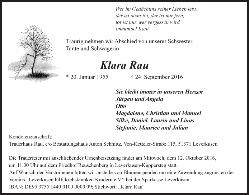  Traueranzeige für Klara Rau vom 08.10.2016 aus  Leverkusener Wochenende 