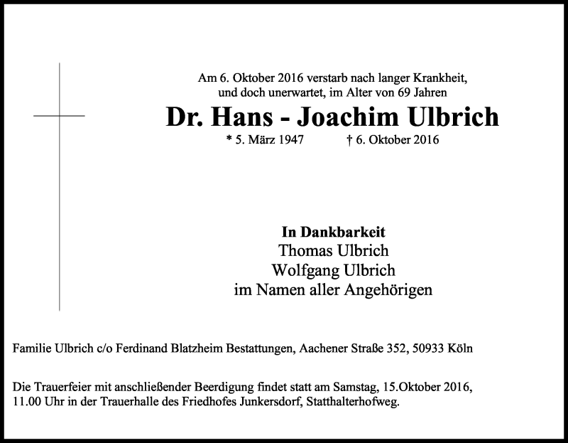  Traueranzeige für Hans-Joachim Ulbrich vom 12.10.2016 aus Kölner Stadt-Anzeiger / Kölnische Rundschau / Express