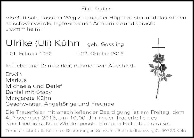  Traueranzeige für Ulrike Kühn vom 29.10.2016 aus Kölner Stadt-Anzeiger / Kölnische Rundschau / Express