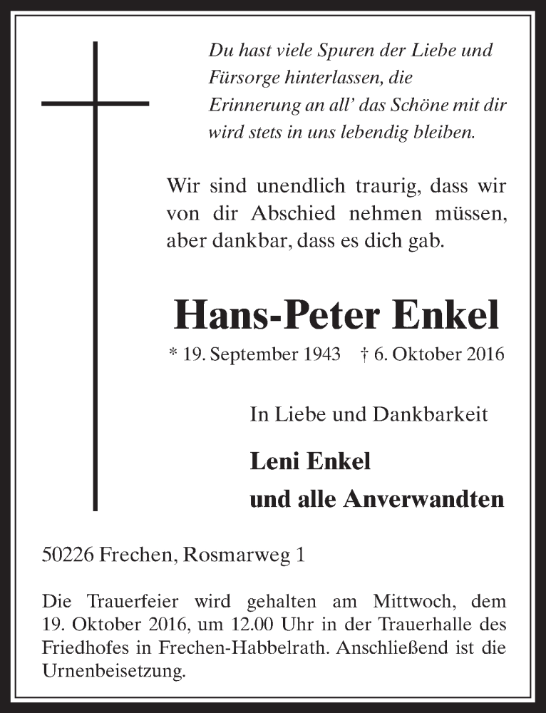  Traueranzeige für Hans-Peter Enkel vom 12.10.2016 aus  Wochenende 