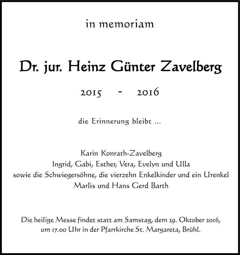  Traueranzeige für Heinz Günter Zavelberg vom 28.10.2016 aus Kölner Stadt-Anzeiger / Kölnische Rundschau / Express