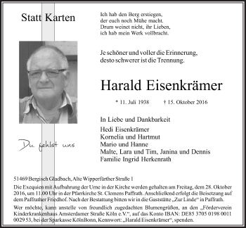 Anzeige von Harald Eisenkrämer von  Bergisches Handelsblatt 