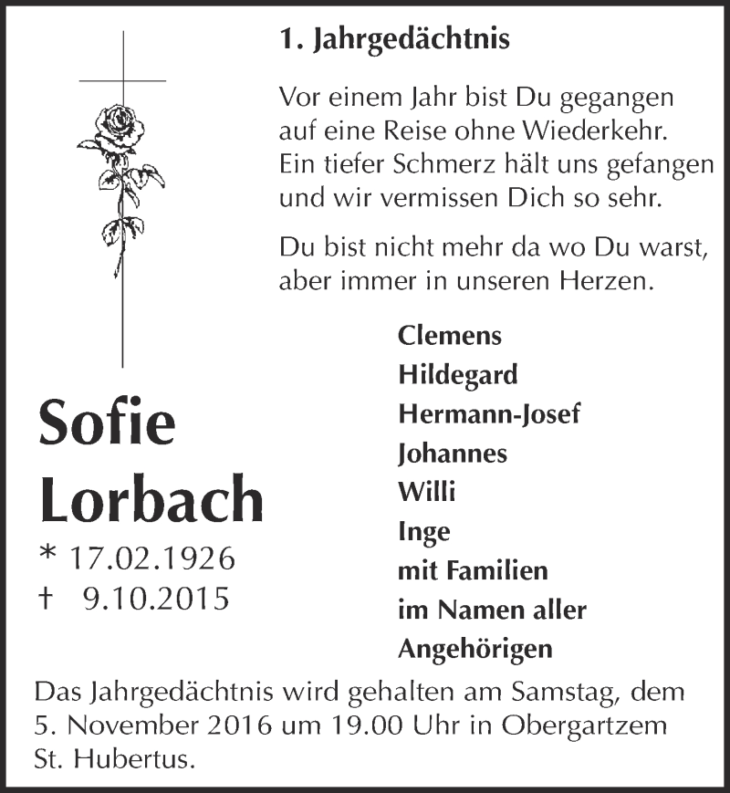  Traueranzeige für Sofie Lorbach vom 29.10.2016 aus  Blickpunkt Euskirchen 