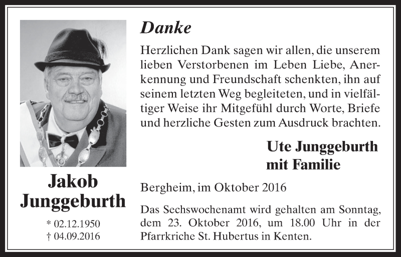  Traueranzeige für Jakob Junggeburth vom 19.10.2016 aus  Werbepost 