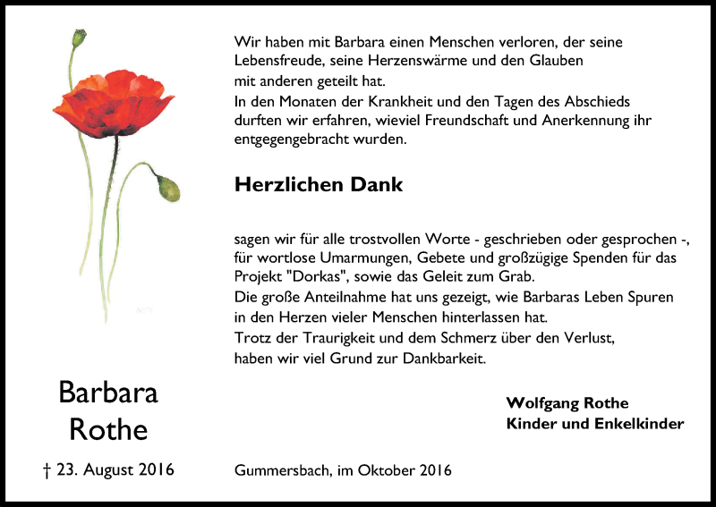  Traueranzeige für Barbara Rothe vom 15.10.2016 aus Kölner Stadt-Anzeiger / Kölnische Rundschau / Express