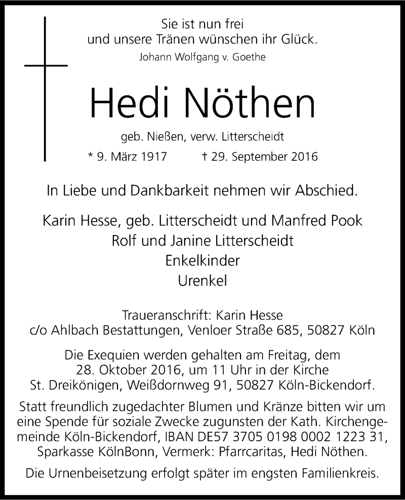  Traueranzeige für Hedi Nöthen vom 22.10.2016 aus Kölner Stadt-Anzeiger / Kölnische Rundschau / Express