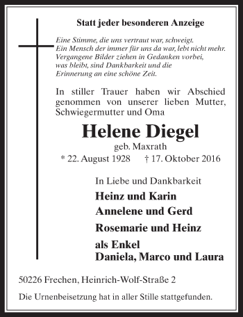 Anzeige von Helene Diegel von  Wochenende 