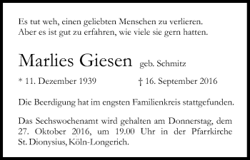 Anzeige von Marlies Giesen von Kölner Stadt-Anzeiger / Kölnische Rundschau / Express