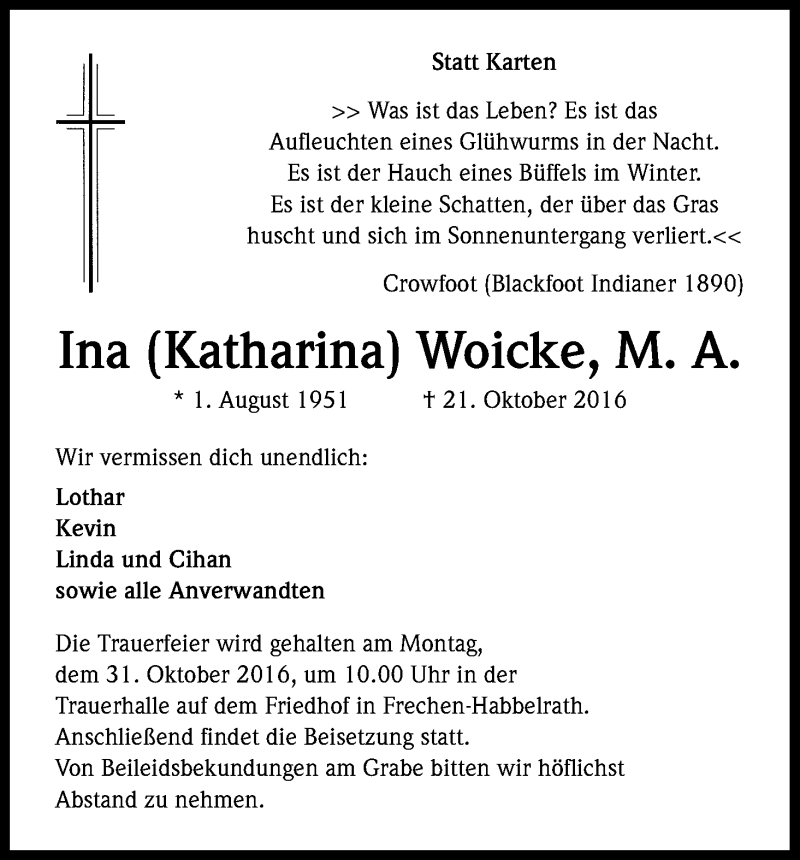  Traueranzeige für Ina Katharina Woicke vom 28.10.2016 aus Kölner Stadt-Anzeiger / Kölnische Rundschau / Express