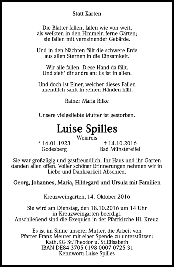 Anzeige von Luise Spilles von Kölner Stadt-Anzeiger / Kölnische Rundschau / Express