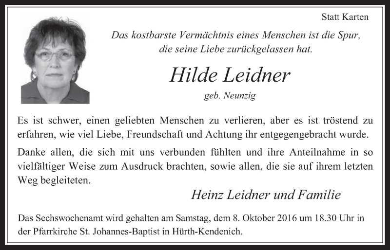  Traueranzeige für Hilde Leidner vom 05.10.2016 aus  Wochenende 