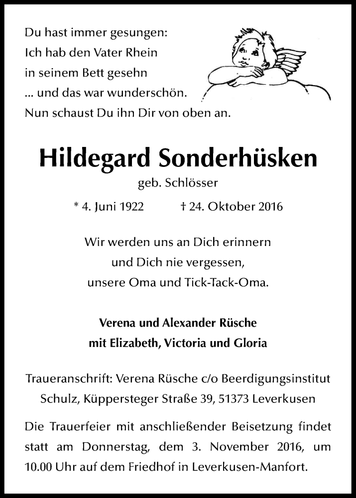  Traueranzeige für Hildegard Sonderhüsken vom 29.10.2016 aus Kölner Stadt-Anzeiger / Kölnische Rundschau / Express