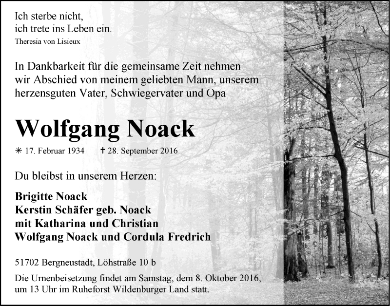  Traueranzeige für Wolfgang Noack vom 05.10.2016 aus  Anzeigen Echo 