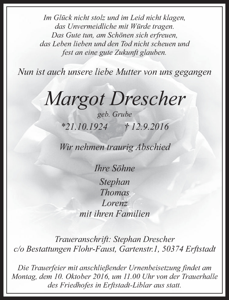  Traueranzeige für Margot Drescher vom 05.10.2016 aus  Werbepost 