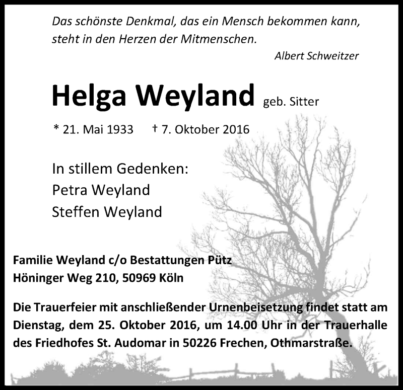  Traueranzeige für Helga Weyland vom 19.10.2016 aus Kölner Stadt-Anzeiger / Kölnische Rundschau / Express