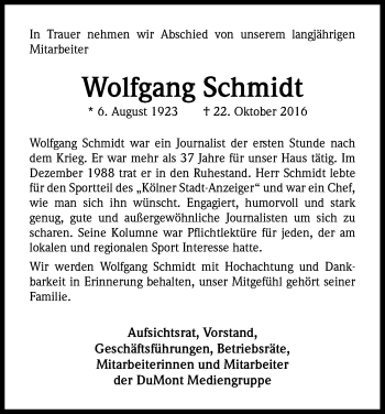 Anzeige von Wolfgang Schmidt von Kölner Stadt-Anzeiger / Kölnische Rundschau / Express