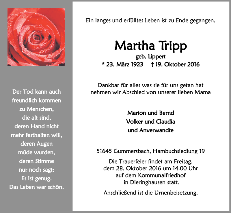  Traueranzeige für Martha Tripp vom 22.10.2016 aus Kölner Stadt-Anzeiger / Kölnische Rundschau / Express