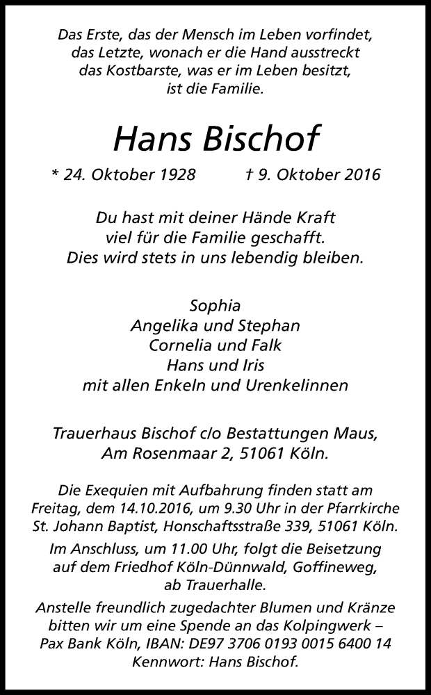  Traueranzeige für Hans Bischof vom 12.10.2016 aus Kölner Stadt-Anzeiger / Kölnische Rundschau / Express