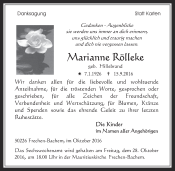 Anzeige von Marianne Rölleke von  Wochenende 