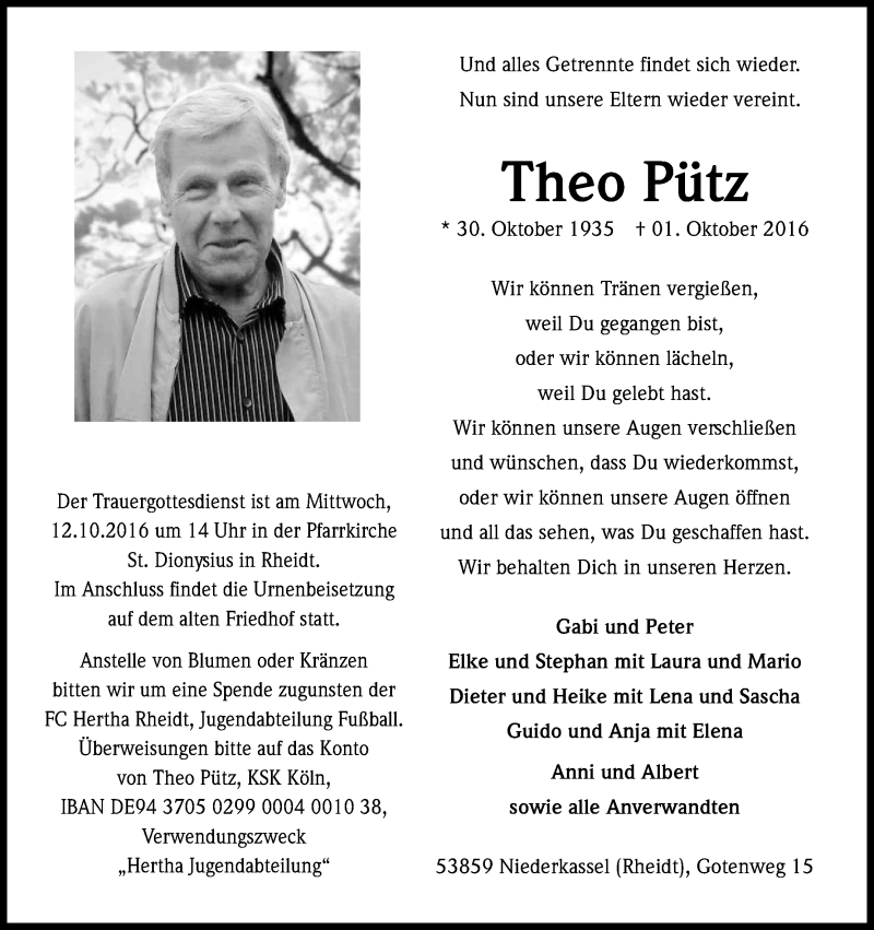  Traueranzeige für Theo Pütz vom 08.10.2016 aus Kölner Stadt-Anzeiger / Kölnische Rundschau / Express