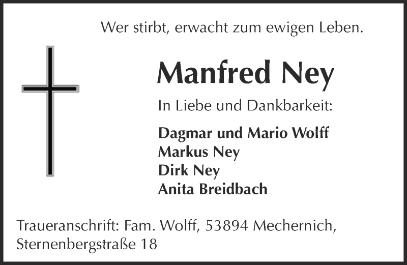  Traueranzeige für Manfred Ney vom 29.10.2016 aus  Blickpunkt Euskirchen 