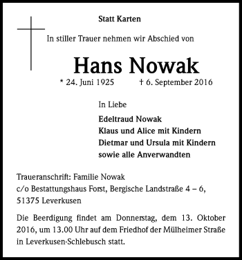 Anzeige von Hans Nowak von Kölner Stadt-Anzeiger / Kölnische Rundschau / Express