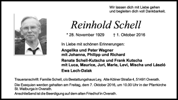 Anzeige von Reinhold Schell von Kölner Stadt-Anzeiger / Kölnische Rundschau / Express