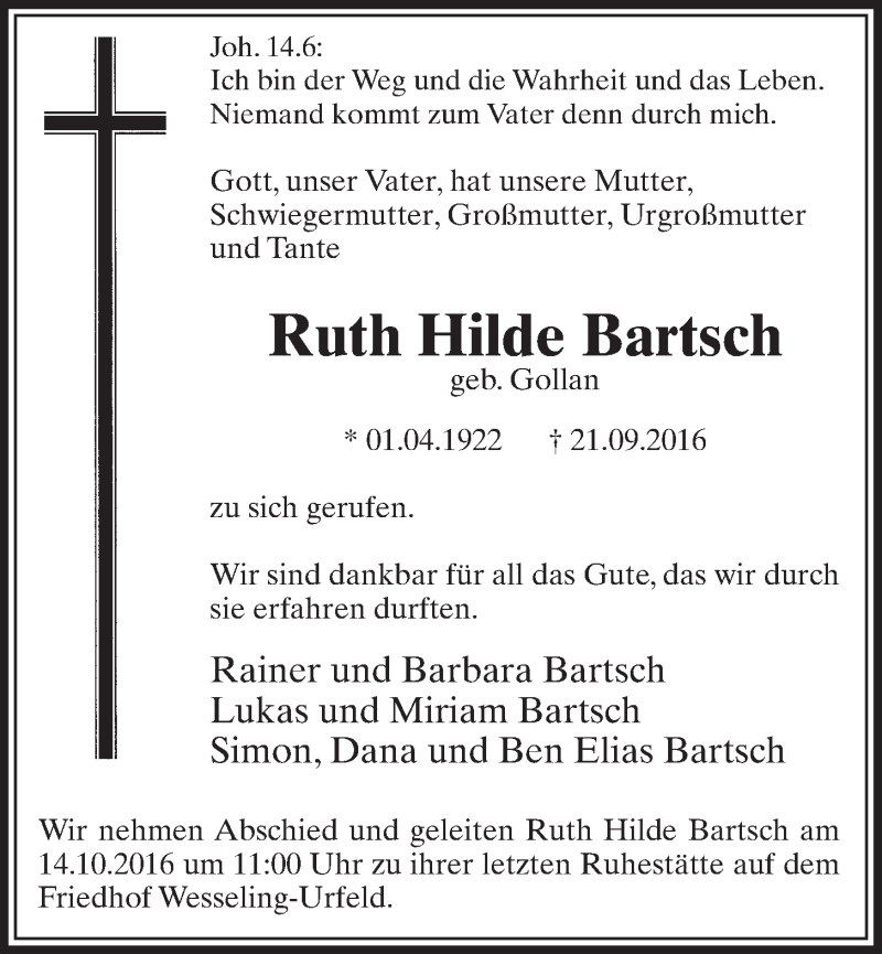  Traueranzeige für Ruth Hilde Bartsch vom 12.10.2016 aus  Schlossbote/Werbekurier 