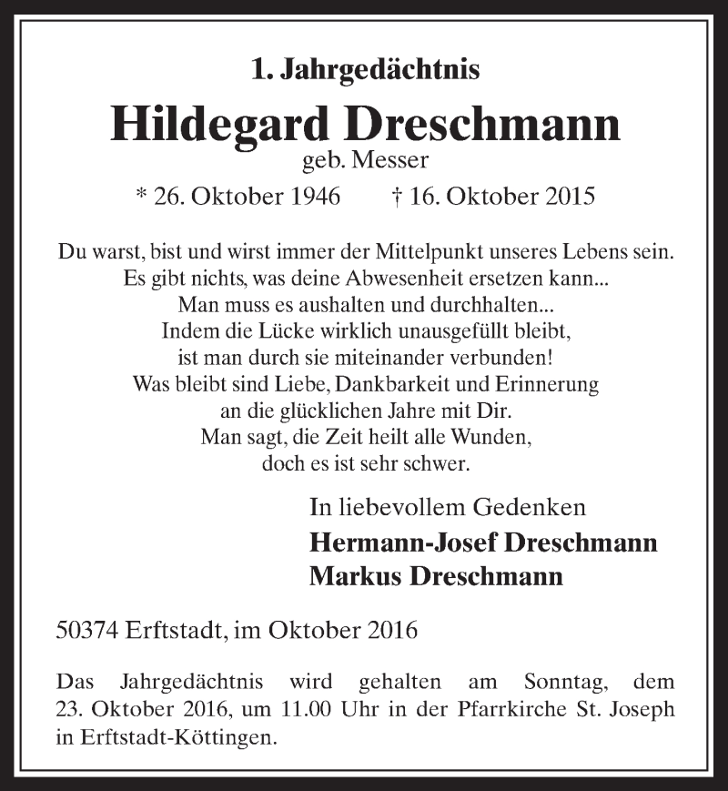  Traueranzeige für Hildegard Dreschmann vom 22.10.2016 aus  Sonntags-Post 